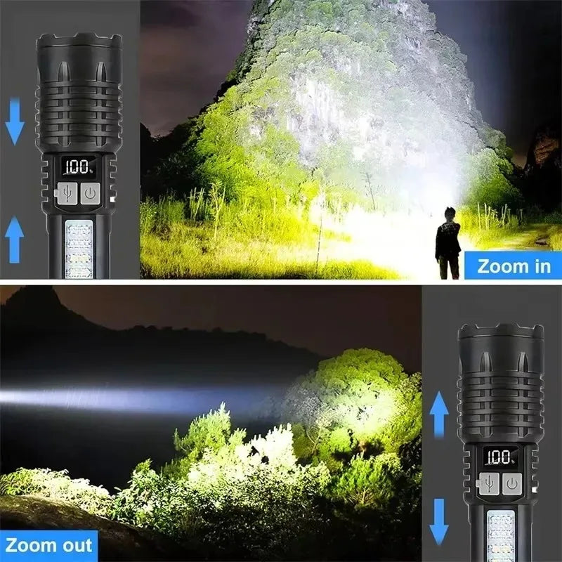 Super Bright COB LED Flashlight TYPE-C Rechargeable Zoomable With Side Light Waterproof Torch Camping Hiking Emergency Outdoor